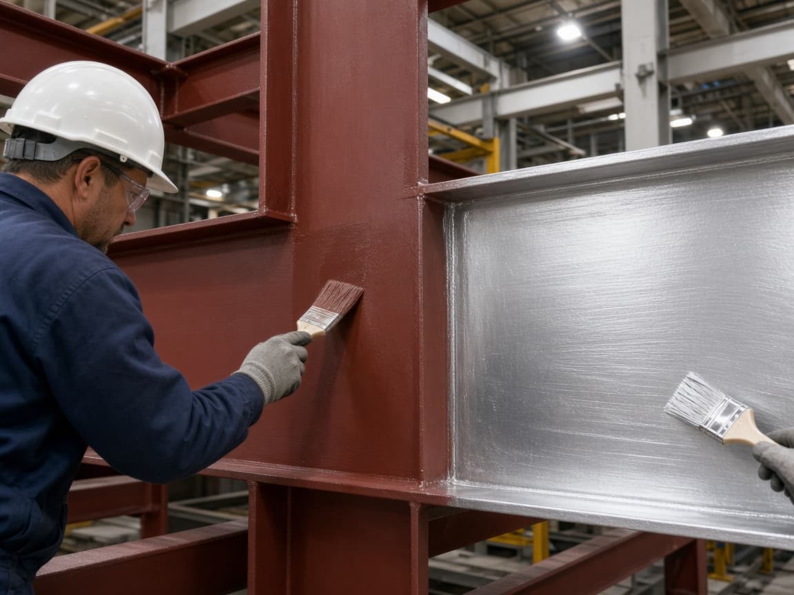 Red oxide primer and aluminum paint being applied on industrial steel