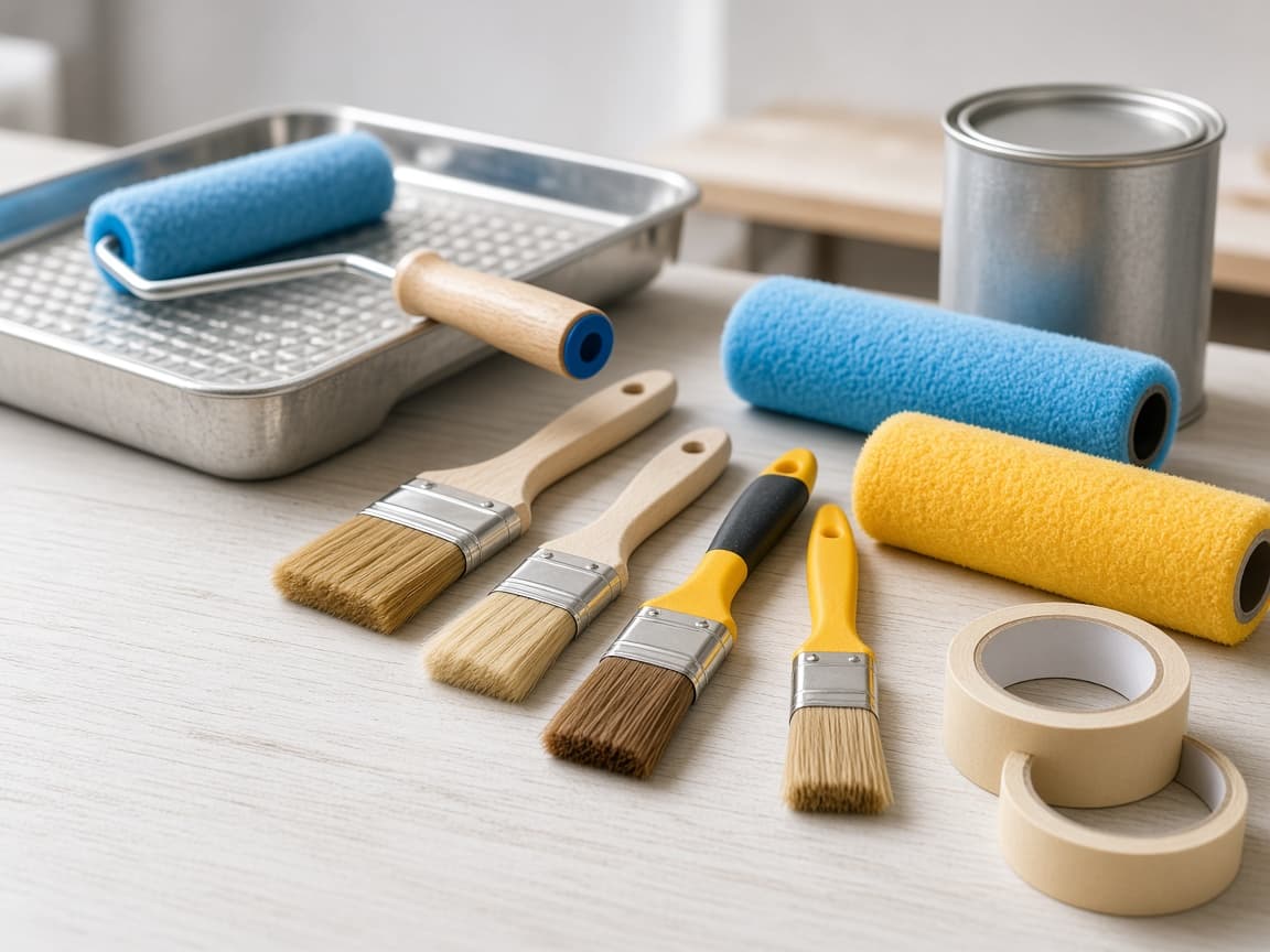 Paint rollers, brushes, trays and painting accessories arranged for a project