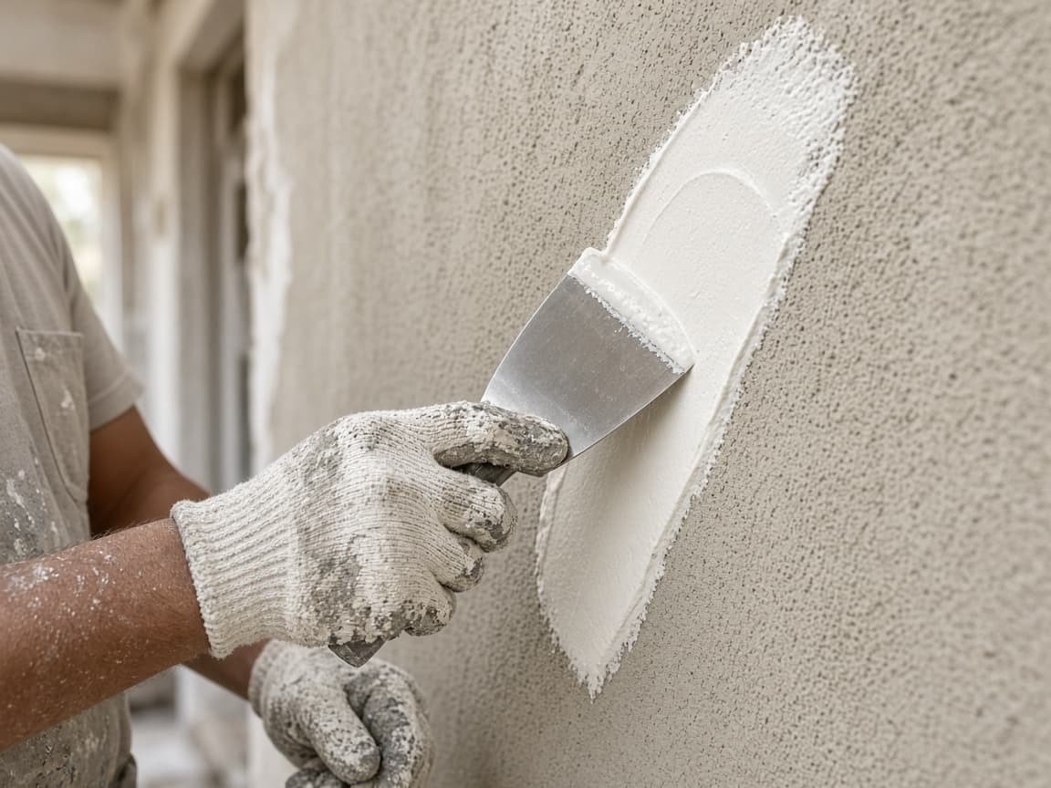 Wall putty being applied with a putty knife for a smooth finish